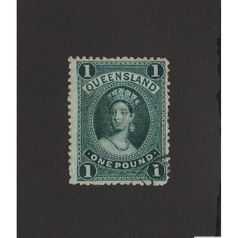 (LD1549) QUEENSLAND · 1886: VFU £1 deep green QV Chalon SG 161 · small light mark under 'Q' but a lovely example in all other respects · c.v. £85 (2 images)