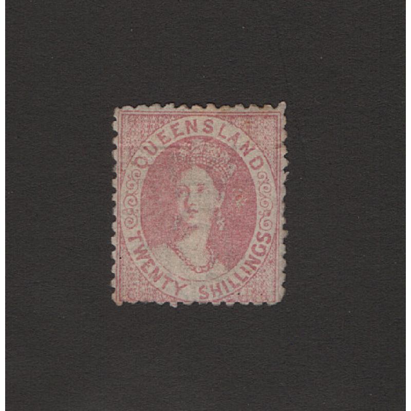 (LD1552) QUEENSLAND · 1880: mint 20/- rose QV Chalon (Crown/Q wmk) SG 127 · horiz. crease through QUEENSLAND o/wise in excellent condition · excellent gum for this stamp · c.v. £2500 (2 images)