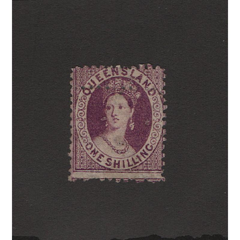 (LD1553) QUEENSLAND · 1876: MNG 1/- purple QV Chalon perf.12 SG 109 with extra row of horiz. perfs · a couple of tiny pin-holes so please view both largest images