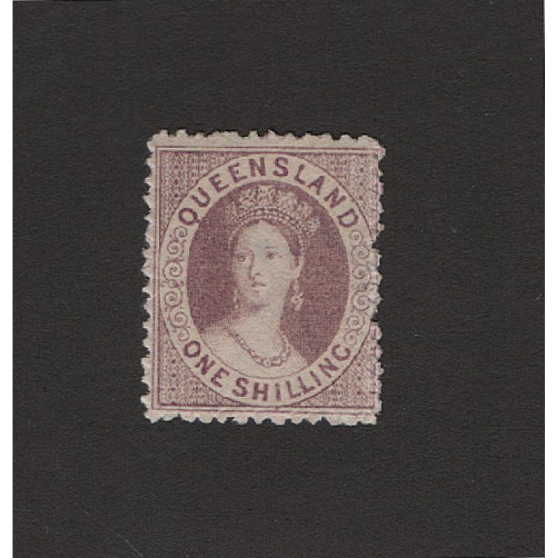 (LD1555) QUEENSLAND · 1874: fine mint 1/- mauve QV Chalon (small wmk · perf.13) SG 73 · top example · c.v. £400 (2 images)