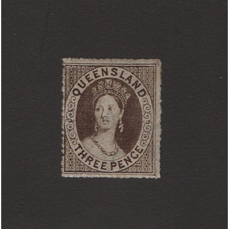 (LD1556) QUEENSLAND · 1861: mint 3d brown QV Chalon (small Star Wmk · clean-cut perf 14-16) SG 8 · clean hinge remnant · excellent condition front/back · c.v. £1000 (2 images)