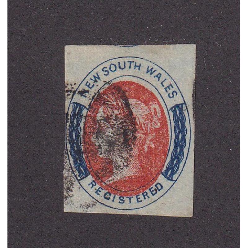 (LD1559) NEW SOUTH WALES · 1856: used (6d) vermilion & Prussian blue Registration Stamp SG 102 · tiny shallow thin at centre-left o/wise in excellent condition · margins range from touching at L to large · c.v. £180 (2 images)