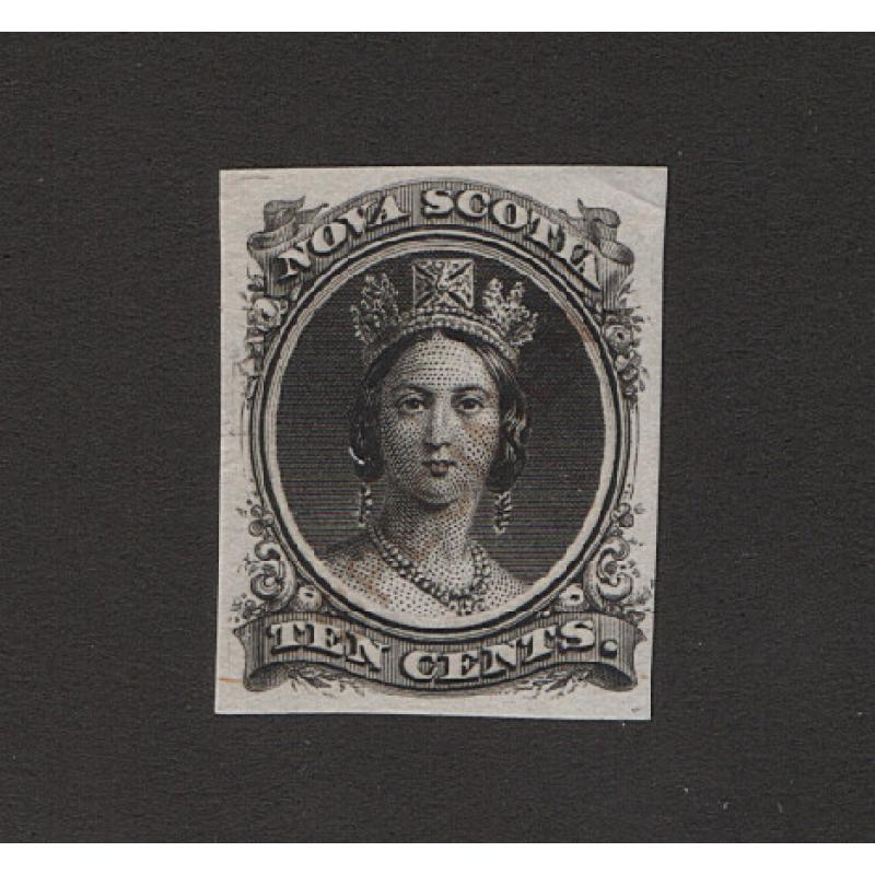 (LD1586) NOVA SCOTIA · 1860s: single 10c QV in black from a Plate Proof printed on India paper · very light (faded?) SPECIMEN o/print (2 images)