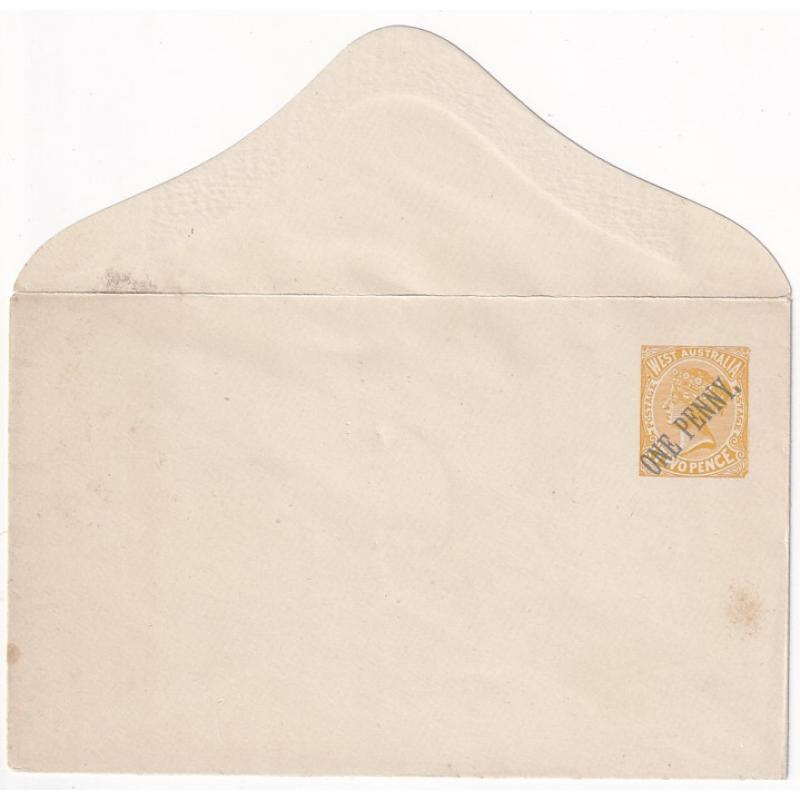 (LD1588) WESTERN AUSTRALIA · 1912: unused ONE PENNY (in blue) on 2d orange QV envelope Pope EN8 · a couple of minor imperfections but overall in excellent condition · c.v. AU$200