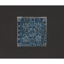 (LD1594) NOVA SCOTIA · 1851: lightly used imperf 3d deep blue Mayflower SG 2 with 3 margins · tiny thin under OS of POSTAGE o/wise in excellent condition · c.v. £200 (2 images)