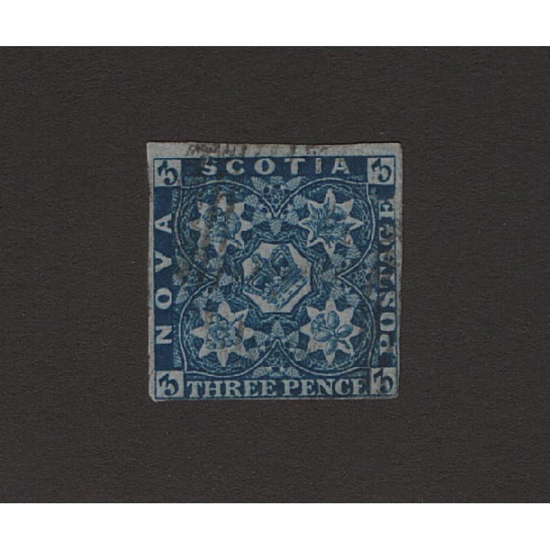 (LD1594) NOVA SCOTIA · 1851: lightly used imperf 3d deep blue Mayflower SG 2 with 3 margins · tiny thin under OS of POSTAGE o/wise in excellent condition · c.v. £200 (2 images)