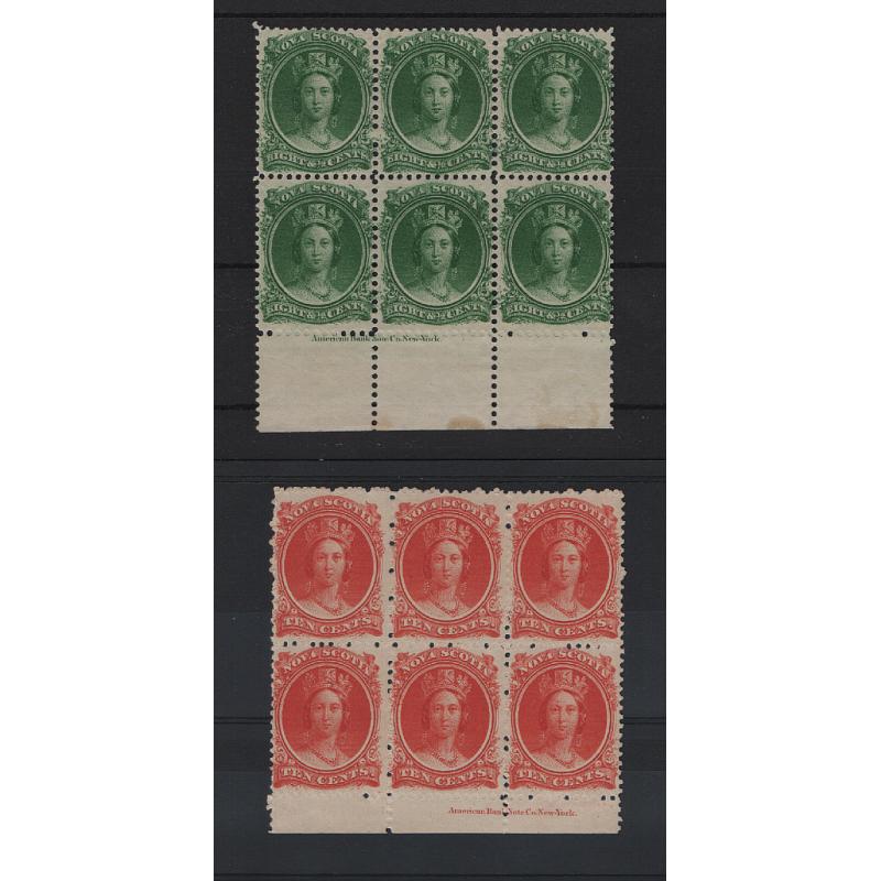 (LD1597) NOVA SCOTIA · 1860/63: mint blocks of 6x 8½c deep green/white and 10c vermilion/white both with American Bank Note Co. New York imprints SG 26, 28 · see full description · total c.v. £180 (2 images)