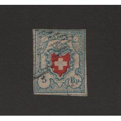 (LD1599) SWITZERLAND · 1850: lightly used 5r light blue, black & red Arms Scott #7 with 4 close to clear margins · fine condition · c.v. US$575 (2 images)