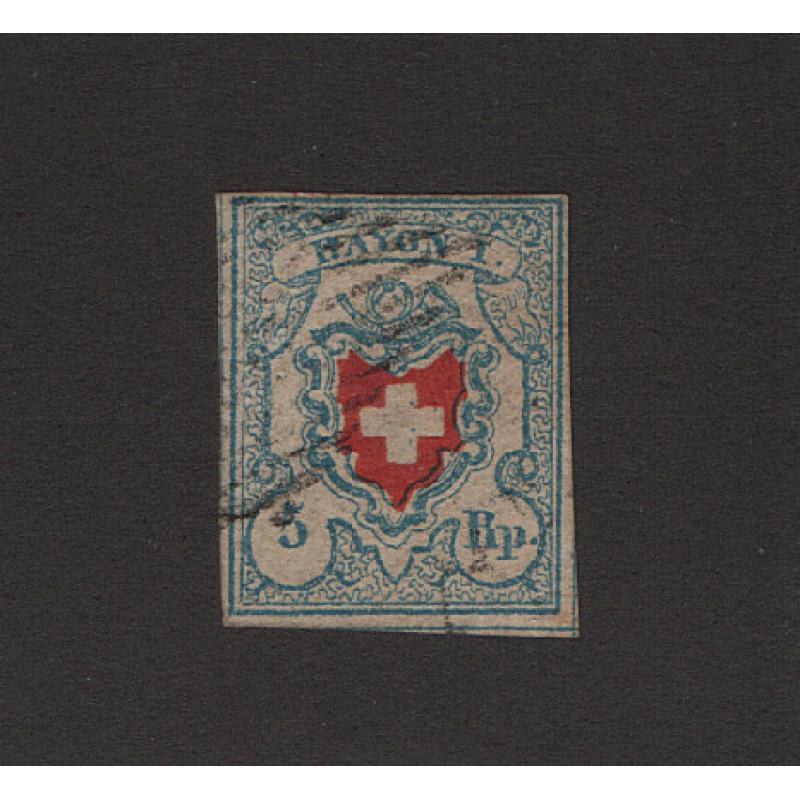 (LD1599) SWITZERLAND · 1850: lightly used 5r light blue, black & red Arms Scott #7 with 4 close to clear margins · fine condition · c.v. US$575 (2 images)