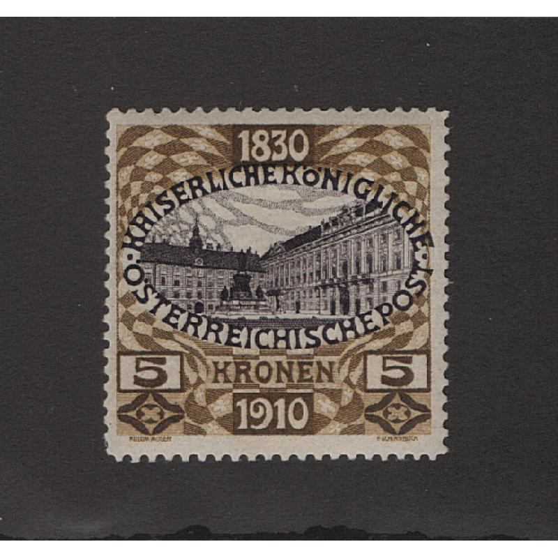 (LD1607) AUSTRIA · 1910: fresh NLH 5k bistre & dark violet Franz Josef Jubilee commemorative Scott #143 · fine condition front/back · c.v. US$110 (2 images)