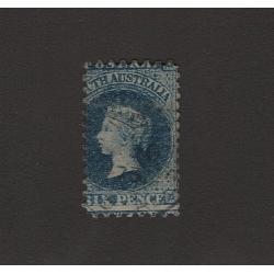 (LD1612) SOUTH AUSTRALIA · 1871: lightly used 6d indigo QV S/face (Star Wmk · perf.10) SG 97 mis-perforated creating a "Bantam" size stamp · unusual (2 images)