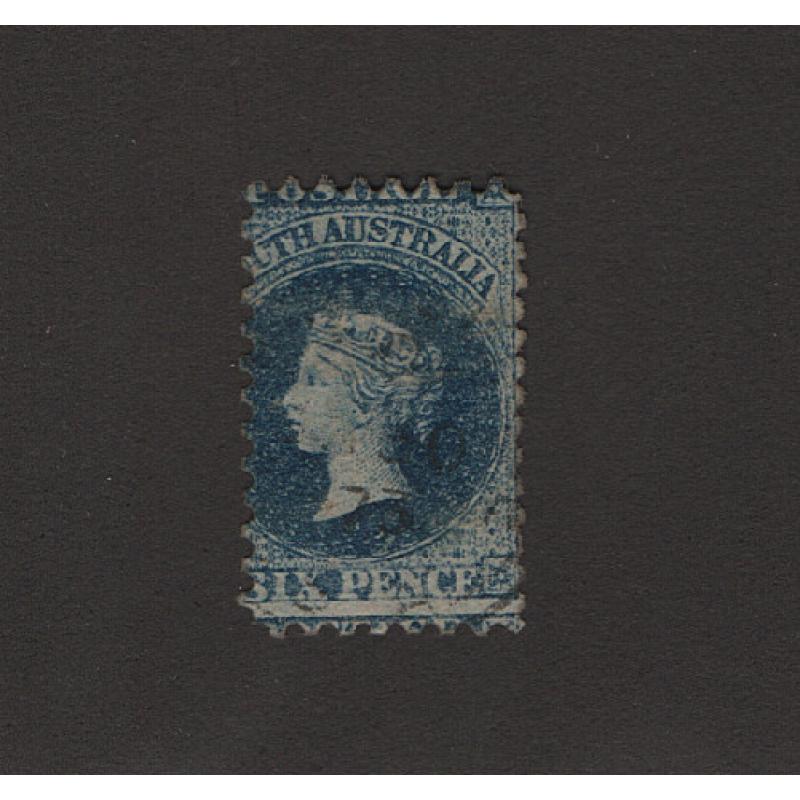 (LD1612) SOUTH AUSTRALIA · 1871: lightly used 6d indigo QV S/face (Star Wmk · perf.10) SG 97 mis-perforated creating a "Bantam" size stamp · unusual (2 images)