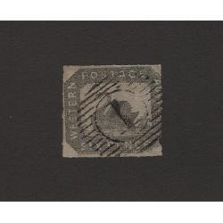 (LD1614) WESTERN AUSTRALIA · 1857: used rouletted 6d grey-black "Hillman" Swan SG 23 · 3 good margins with a small piece of the right margin absent · c.v. £1400 (2 images)