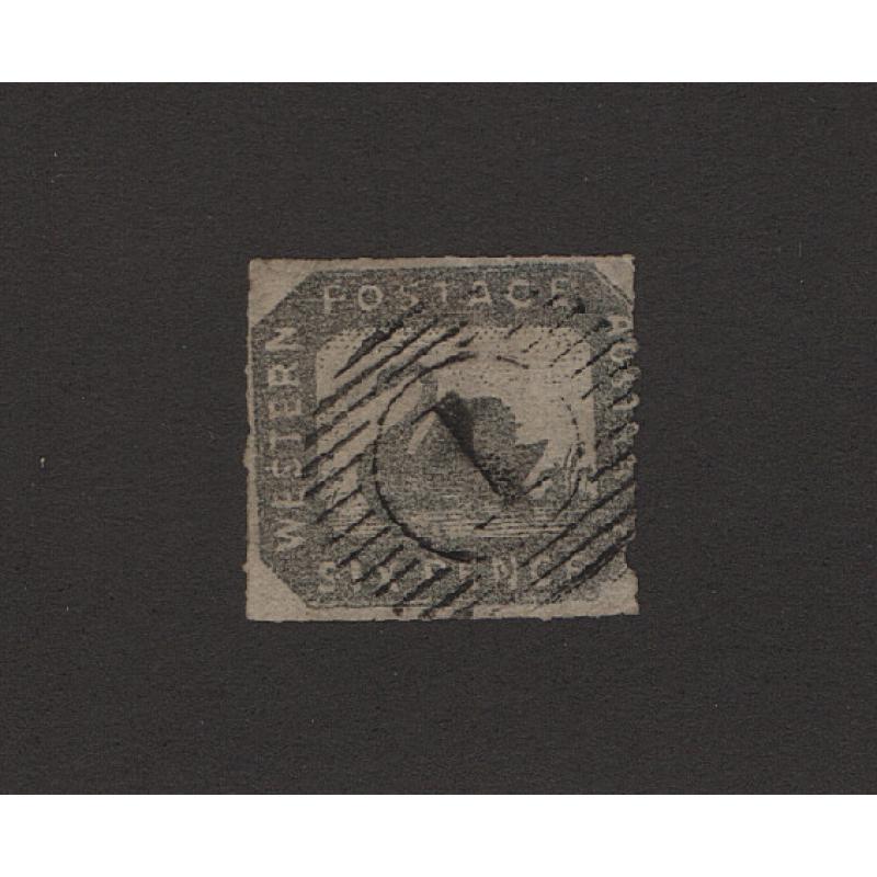 (LD1614) WESTERN AUSTRALIA · 1857: used rouletted 6d grey-black "Hillman" Swan SG 23 · 3 good margins with a small piece of the right margin absent · c.v. £1400 (2 images)