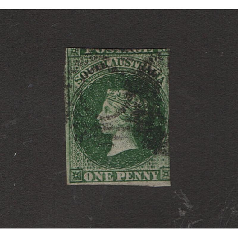 (LD1619) SOUTH AUSTRALIA · 1855: used imperf 1d dark green QV S/face SG 1 · 2 clear margins; reduced at top and R · c.v. £500 (2 images)