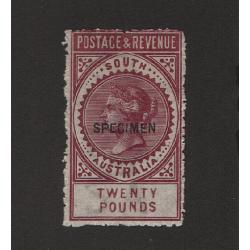 (LD1625) SOUTH AUSTRALIA · reprint of the 1886 £20 claret QV Long Stamp optd SPECIMEN as per SG 208as · full gum and has been lightly mounted · poorly cut perfs o/wise in nice condition .... see both largest images