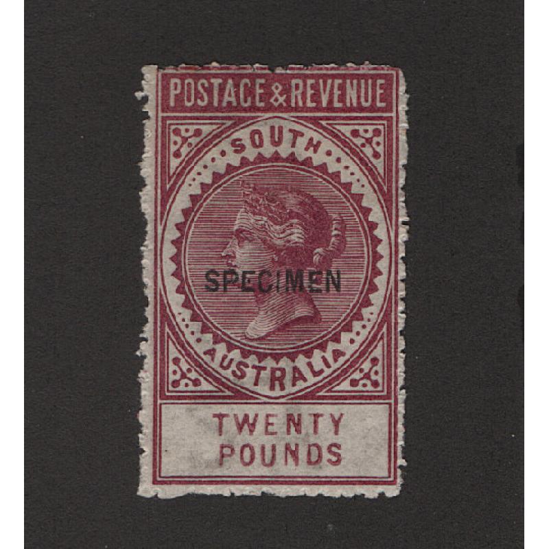 (LD1625) SOUTH AUSTRALIA · reprint of the 1886 £20 claret QV Long Stamp optd SPECIMEN as per SG 208as · full gum and has been lightly mounted · poorly cut perfs o/wise in nice condition .... see both largest images