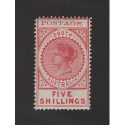 (LD1628) SOUTH AUSTRALIA · 1902: mint 5/- rose QV Long Stamp (thin "POSTAGE" · Crown/SA wmk  ·perf.11½) · fresh appearance · c.v. £120 (2 images)