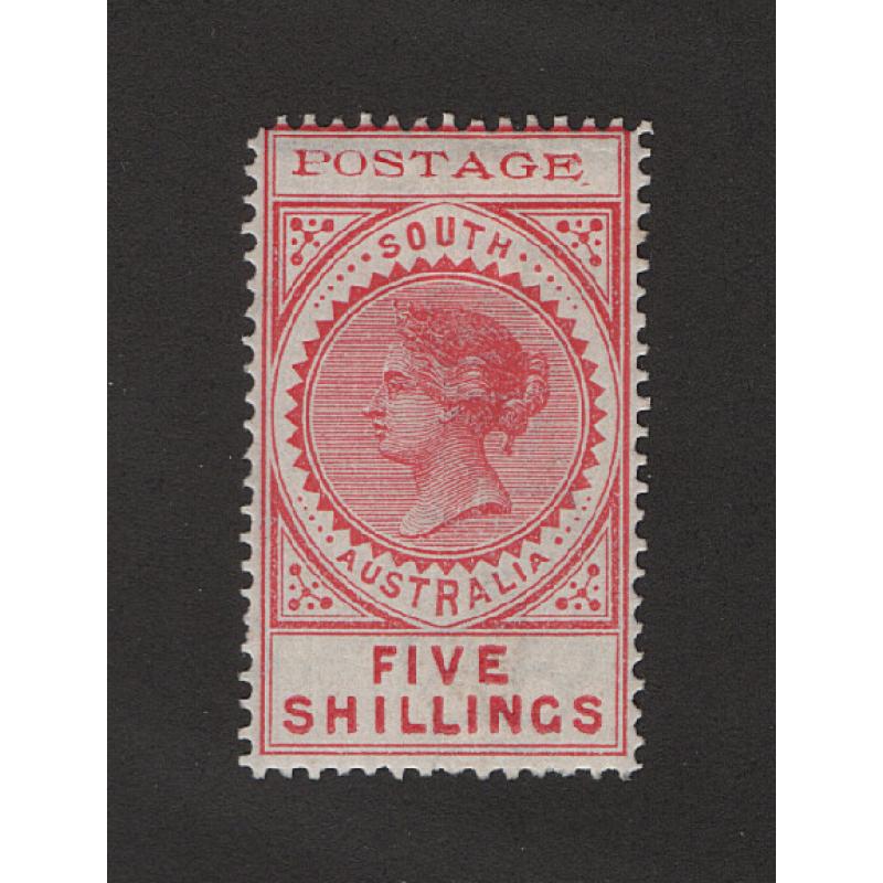 (LD1628) SOUTH AUSTRALIA · 1902: mint 5/- rose QV Long Stamp (thin "POSTAGE" · Crown/SA wmk  ·perf.11½) · fresh appearance · c.v. £120 (2 images)