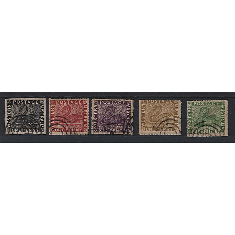 (LD1638) WESTERN AUSTRALIA · five different SPIRO FORGERIES of Swan issues to 1/- · condition a little mixed but all "present well" from the business side (2 images)