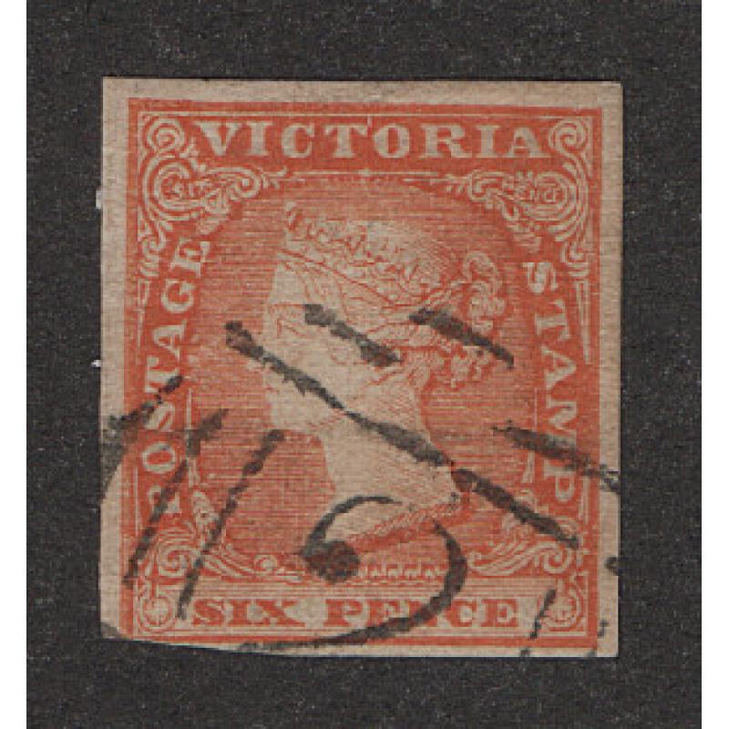 (LD1661) VICTORIA · 1854: nicely used 6d dull orange QV "Woodblock" SG 32 · 3 excellent margins · c.v. £25 (2 images)