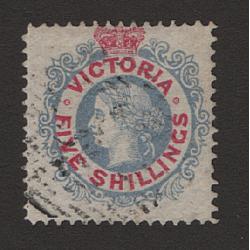 (LD1668) VICTORIA · 1880: lightly used Type 1 5/- lavender blue & carmine QV Laureate perf.12½ SG 140d · excellent example · c.v. £60 (2 images)