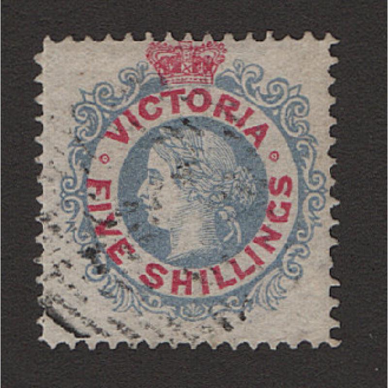 (LD1668) VICTORIA · 1880: lightly used Type 1 5/- lavender blue & carmine QV Laureate perf.12½ SG 140d · excellent example · c.v. £60 (2 images)