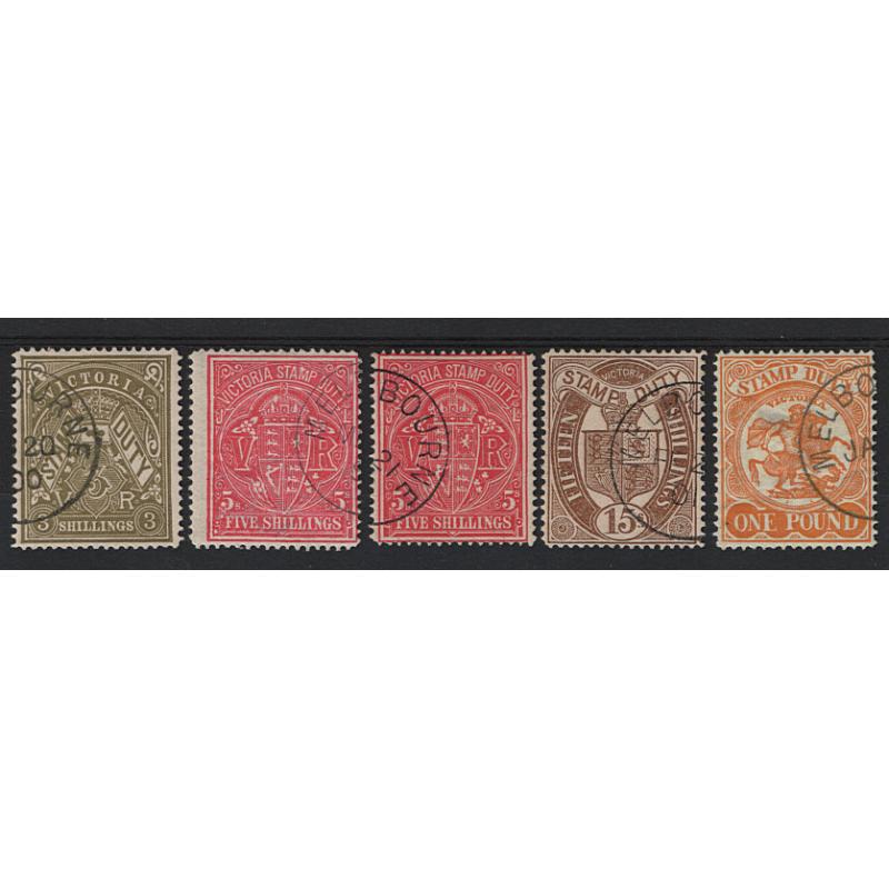 (LD1675) VICTORIA · 1900/01: five Stamp Duty issues to £1 all CTO · various V/Crown wmks (sideways) and shades · condition varies so please view both largest images · total c.v. if fault-free would be £160+ (5)