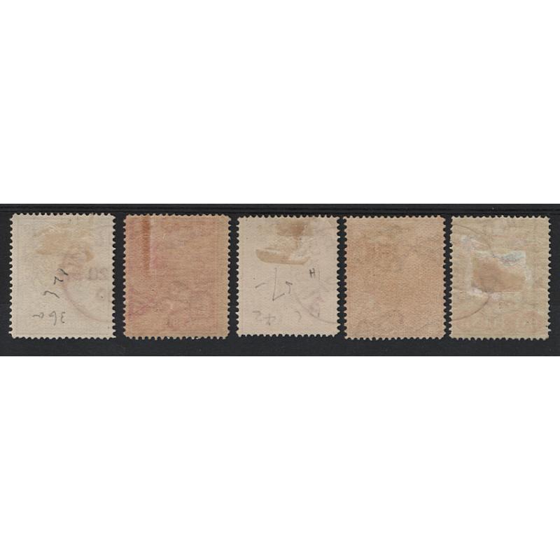 (LD1675) VICTORIA · 1900/01: five Stamp Duty issues to £1 all CTO · various V/Crown wmks (sideways) and shades · condition varies so please view both largest images · total c.v. if fault-free would be £160+ (5)