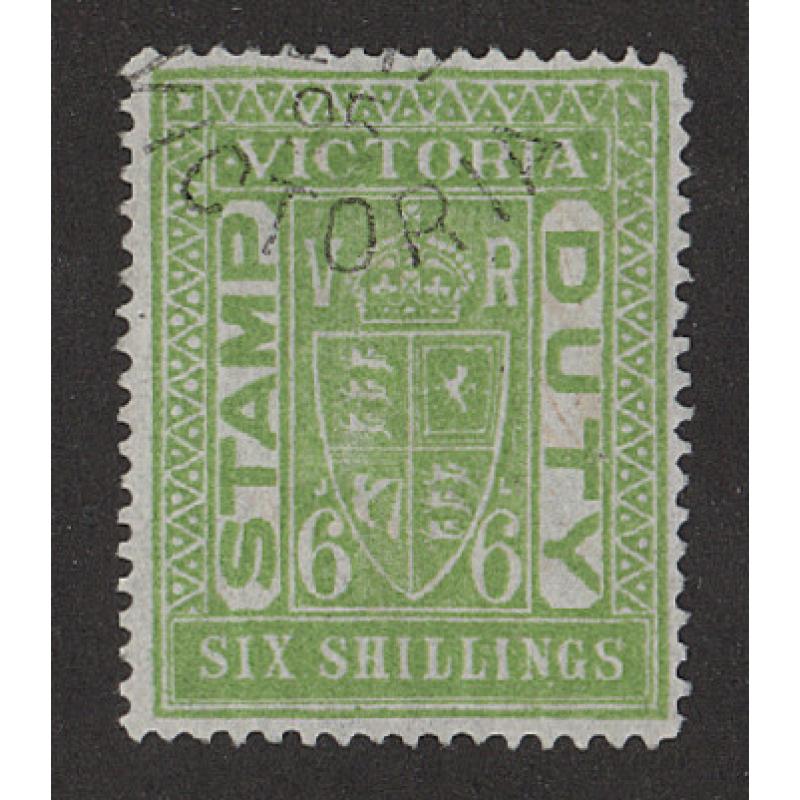 (LD1677) VICTORIA · 1891: postally VFU 6/- apple green S/Duty perf.12½ SG 271a · very fine condition · c.v. £45 (2 images)