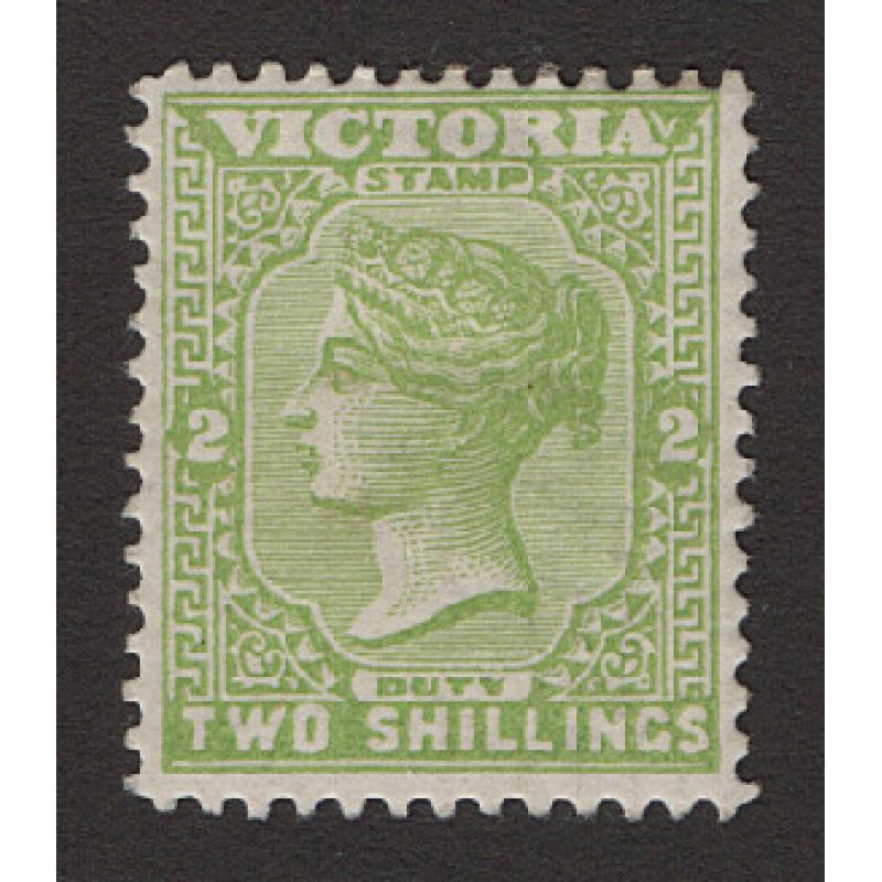 (LD1679) VICTORIA · 1895: mint 2/- apple green QV (incl STAMP DUTY) SG 304 · some gum disturbance so please view the largest images · fresh appearance · c.v. £35 (2 images)