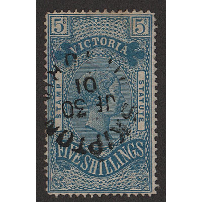 (LD1680) VICTORIA · 1884: postally used 5/- blue QV Stamp Statute (s/ways wmk) SG 227 · hinge gum stain on back o/wise in excellent condition · c.v. £130 (2 images)