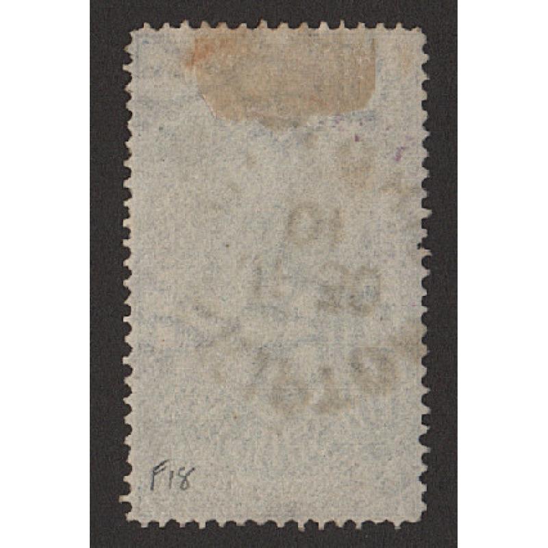 (LD1680) VICTORIA · 1884: postally used 5/- blue QV Stamp Statute (s/ways wmk) SG 227 · hinge gum stain on back o/wise in excellent condition · c.v. £130 (2 images)