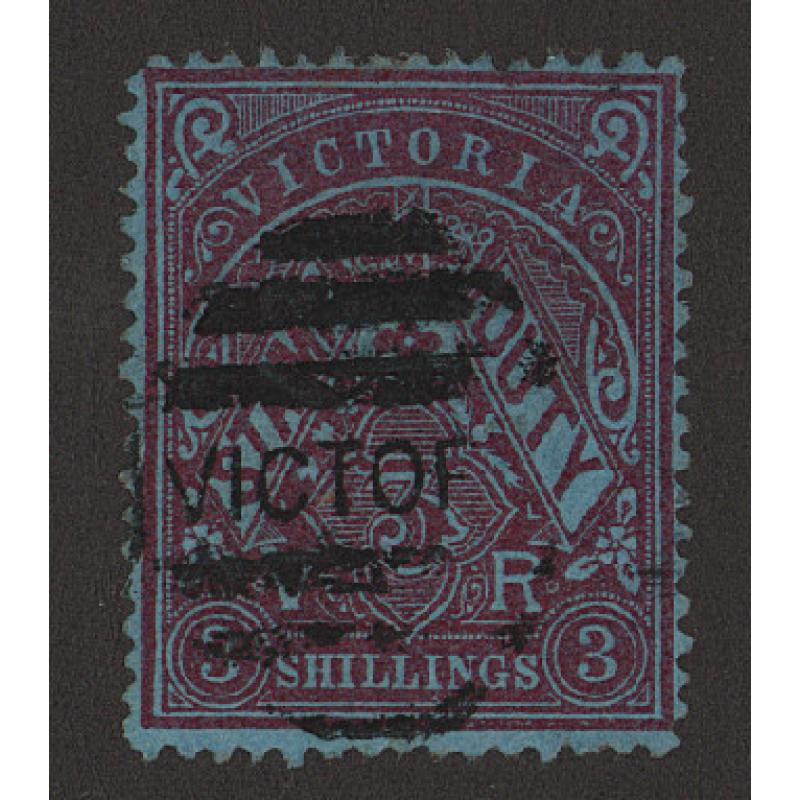 (LD1681) VICTORIA · 1884: postally used 3/- maroon/blue S/Duty (perf.12½) SG 259 · nice condition · c.v. £95 (2 images)