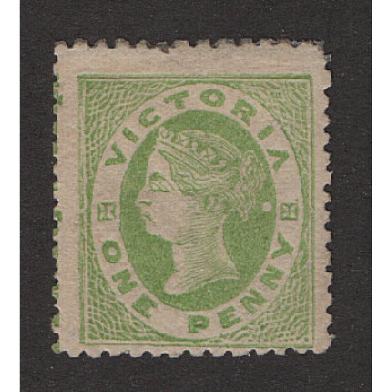 (LD1686) VICTORIA · 1864: mint 1d apple green QV S/face (single line '1' wmk) SG 104b · perf at top with tiny gum thin o/wise condition is excellent · c.v. £150 (2 images)