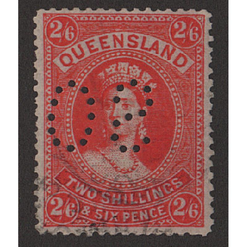 (LD1689) QUEENSLAND · 1905: FU 2/6d vermilion (aniline) QV Chalon perf.12½ with reversed 'OS' puncture BW Q52Bb · fine condition · c.v. AU$175 (2 images)