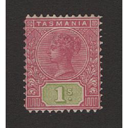 (LD1692) TASMANIA · 1903: mint 1/- rose & green QV Key Plate (V/Crown wmk · perf.12½) SG 243 · clean hinge remnant · lovely colours · c.v. £50 (2 images)