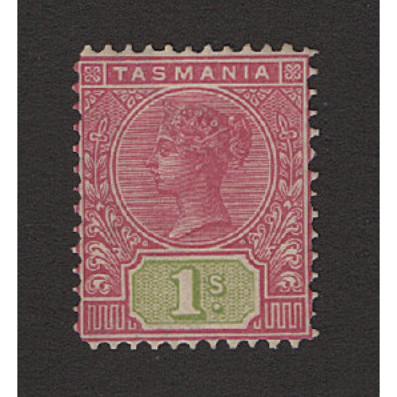 (LD1692) TASMANIA · 1903: mint 1/- rose & green QV Key Plate (V/Crown wmk · perf.12½) SG 243 · clean hinge remnant · lovely colours · c.v. £50 (2 images)