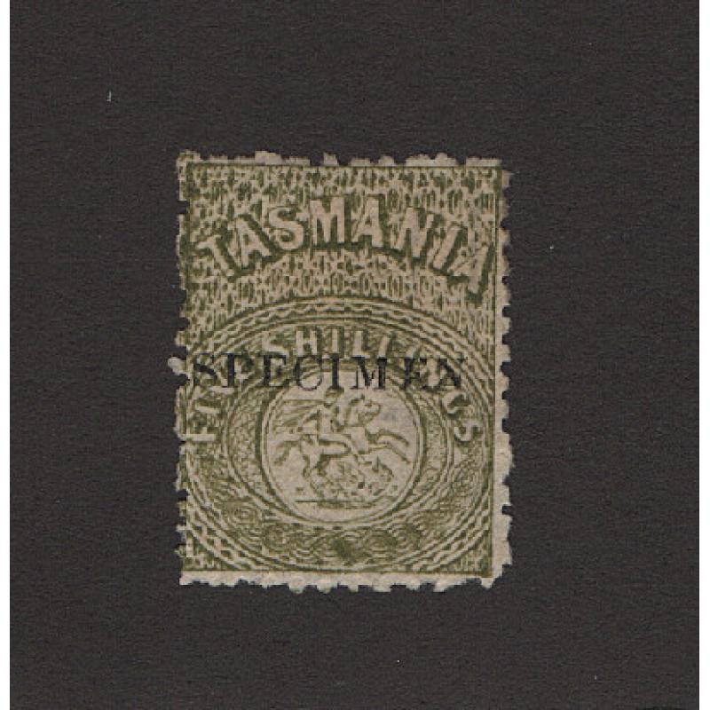 (LD1694) TASMANIA · 1886: 5/- sage-green St George & Dragon perf.11.4 optd SPECIMEN Craig 7.27 · gum has been removed (2 images)