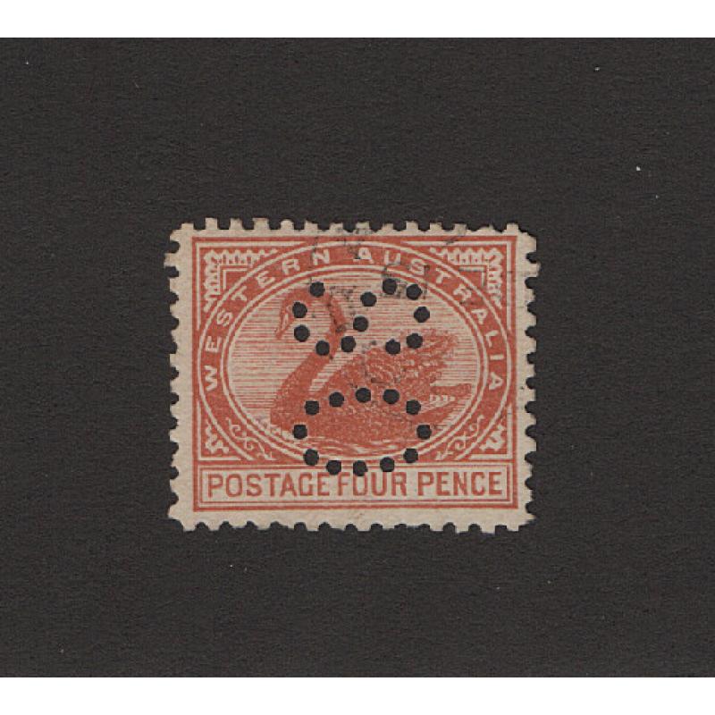 (LD1700) WESTERN AUSTRALIA · 1905: VFU 4d pale chestnut Swan (Crown/A wmk · perf.11 perf 'OS' BW W39Bb · c.v. AU$400 (2 images)