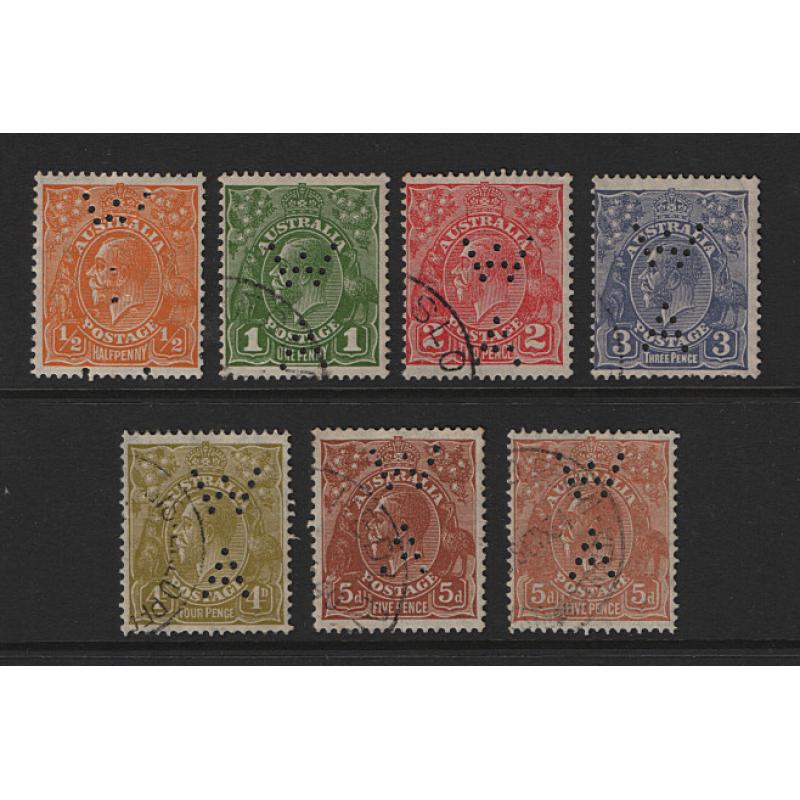 (LD1701) WESTERN AUSTRALIA · mint ½ orange KGV defin  and FU from 1d to 5d · all different and bearing the WA official perfin · fine condition throughout · 7 stamps (2 images)