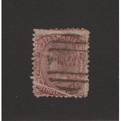 (LD1702) TASMANIA · 1871: used 3d pale red-brown QV S/face with LINE THROUGH THREEPENCE variety SG 146da · small thin o/wise in excellent condition · c.v. £90 (2 images)