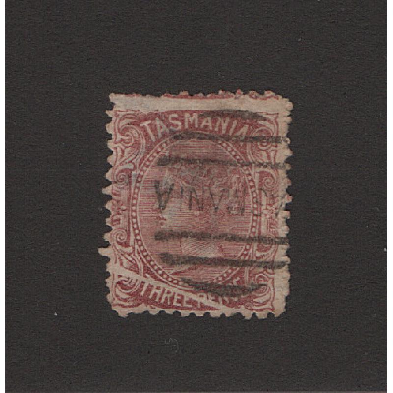 (LD1702) TASMANIA · 1871: used 3d pale red-brown QV S/face with LINE THROUGH THREEPENCE variety SG 146da · small thin o/wise in excellent condition · c.v. £90 (2 images)