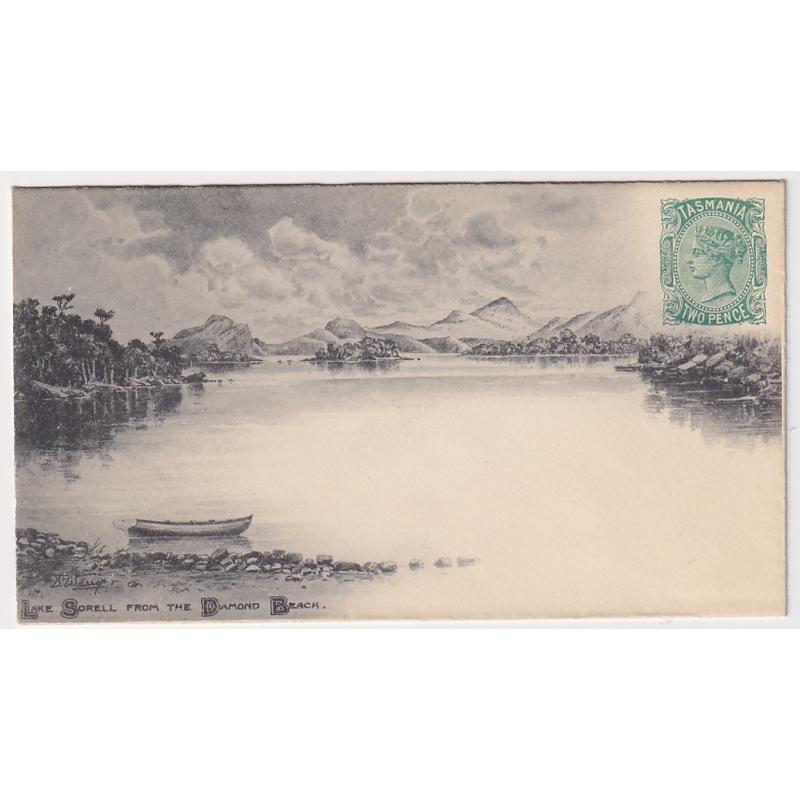 (LS1005) TASMANIA · 1898: mint 2d green on white laid paper QV pictorial envelope printed by DLR w/illustration LAKE SORELL FROM THE DIAMOND BEACH provided by D.Warry G&S E2.2 · excellent to fine condition condition