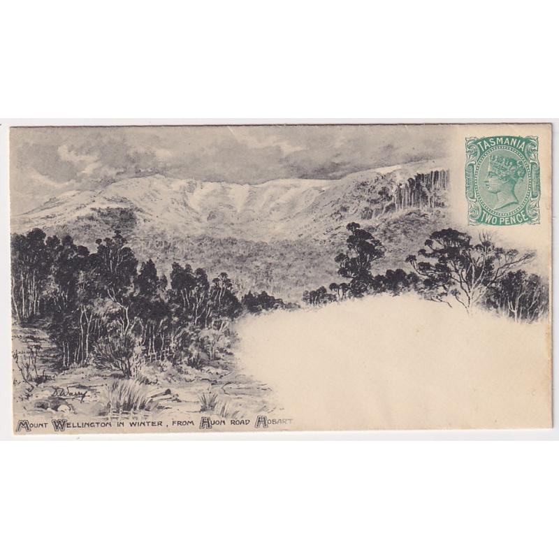 (LS1006) TASMANIA · 1898: mint 2d green on white laid paper QV pictorial envelope printed by DLR w/illustration MOUNT WELLINGTON IN WINTER FROM HUON ROAD provided by D.Warry G&S E2.5 · condition as per largest image