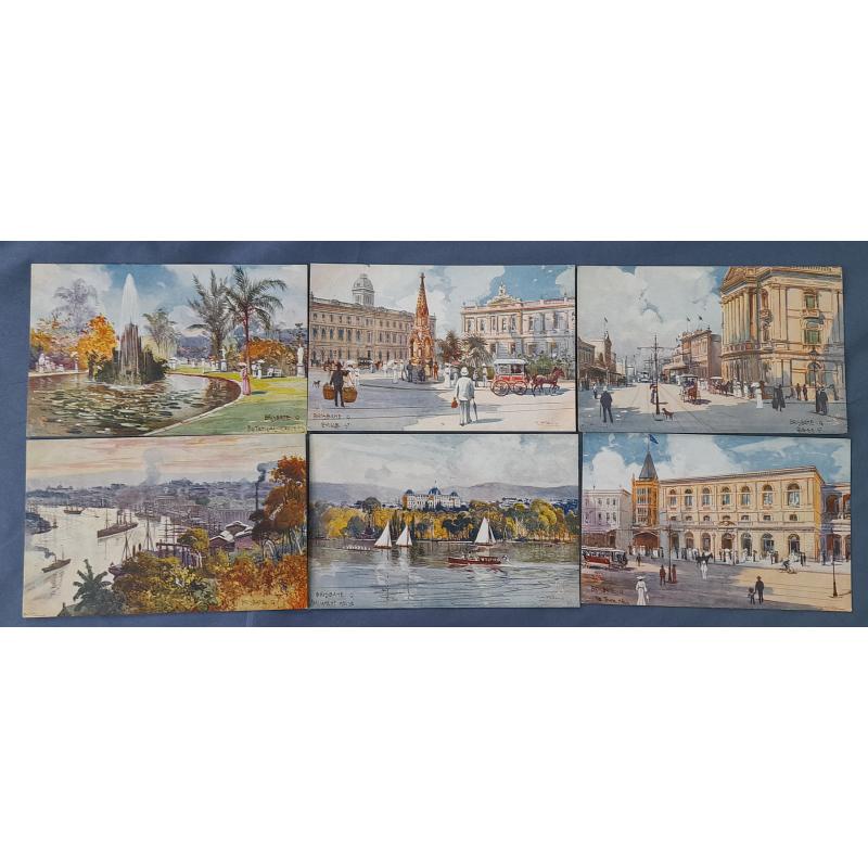 (ME1010) QUEENSLAND · GREAT BRITAIN  c.1910: set of 6x BRISBANE  "Oilette"series cards by R. Tuck illustrated by A.H. Fullwood · one card has been used · all are unused and in excellent to fine condition (6)