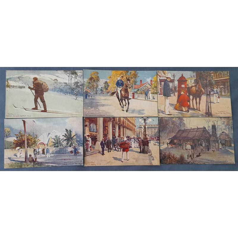 (ME1012) AUSTRALIA · GREAT BRITAIN  c.1910: set of 6x AUSTRALIA POST & TELEGRAPH  "Oilette"series cards by R. Tuck illustrated by A.H. Fullwood · one card has been used · all are in excellent condition (6)