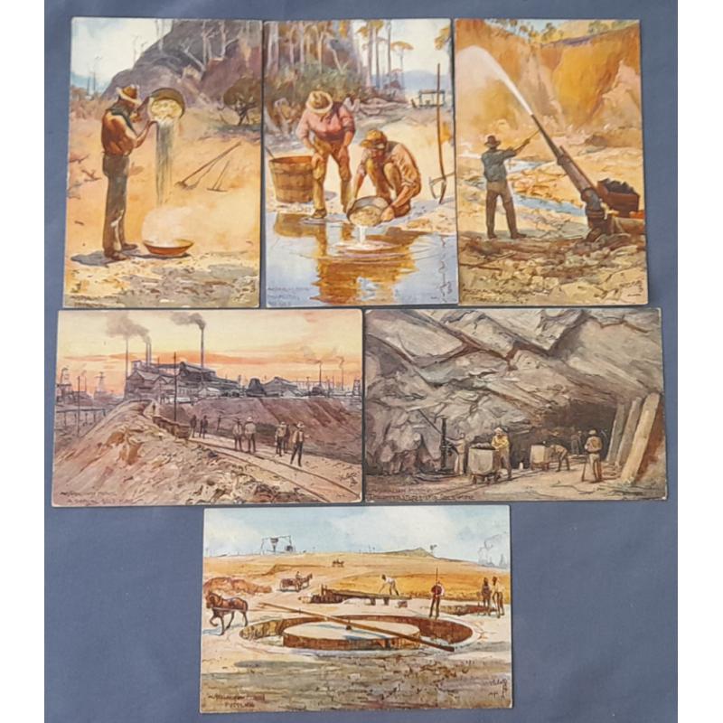 (ME1013) AUSTRALIA · GREAT BRITAIN  c.1910: set of 6x AUSTRALIAN GOLD MINING  "Oilette"series cards by R. Tuck illustrated by A.H. Fullwood · some imperfections on the back however all are in excellent condition from the view sides (6)