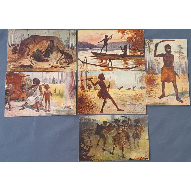 (ME1015) AUSTRALIA · GREAT BRITAIN  c.1910: complete set of 6x ABORIGINES OF AUSTRALIA  "Oilette"series cards by R. Tuck featuring artist portraits by A.H. Fullwood · 3 cards are unused and all are in excellent condition (6)