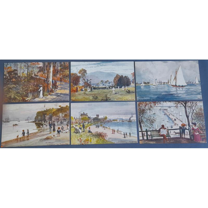 (ME1018) VICTORIA · GREAT BRITAIN  c.1910: set of 6x PLEASURE RESORTS OF MELBOURNE · "Oilette"series cards by R. Tuck illustrated by A.H. Fullwood · all cards unused and in excellent to fine condition (6)